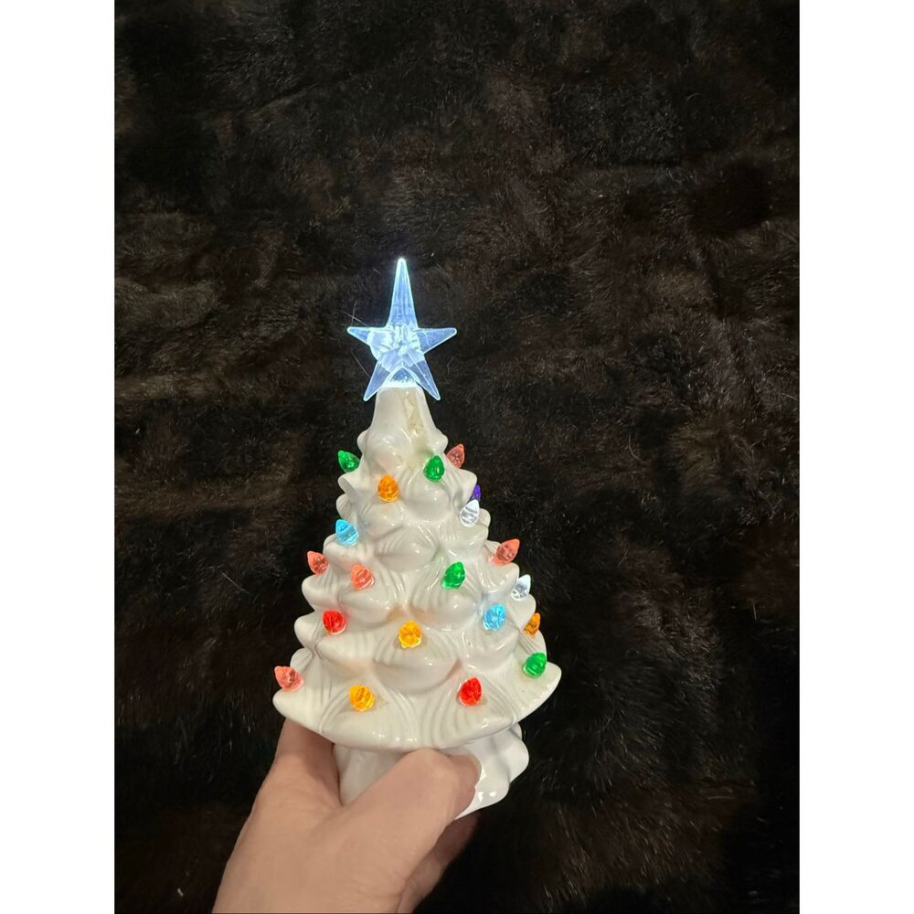 White Ceramic Light Up Tree 7.5” Battery Operated Multi colored Lights